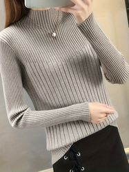 solid mock neck pullover sweater - casual long sleeve slim sweater - women's clothing