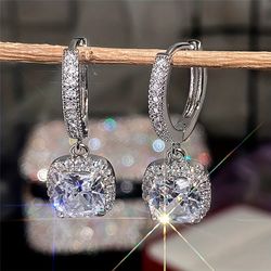 4-claw square shiny zircon inlaid dangle earrings elegant simple temperament copper silver plated material gift