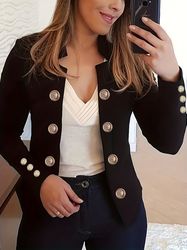 solid double breasted blazer - elegant long sleeve outwear - women's clothing