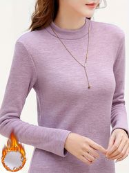 solid color mock neck t-shirt - casual long sleeve t-shirt for spring & fall - women's clothing