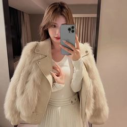 winter new fashionable warm short fox fur coat - sheepskin leather full fox fur motorcycle luxury women's jacket