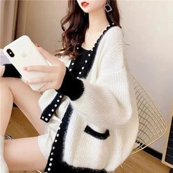 autumn winter thick warm chic beading sweater - fashion loose knitted coats new casual soft streetwear women sweater