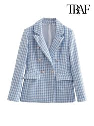 women fashion hounds tooth - double breasted tweed blazer coat