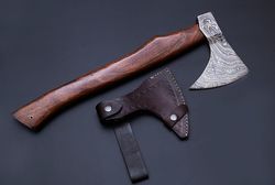 damascus axe | custom handmade damascus steel axe | rose wood handle and leather sheath included | gift for her. gift fo