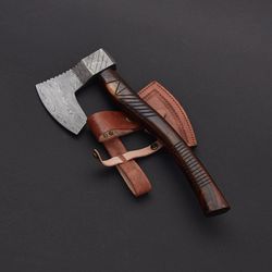 custom handmade damascus axe with leather sheath