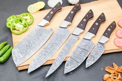 custom or handmade damascus chef knife set. beautifully designed and easy to grip, comes with leather sheath.