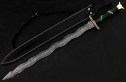 custom handmade damascus steel sword with leather sheath