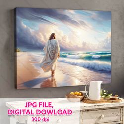 serenity of christ's seaside walk art, jesus art, jpg, jesus canvas,  jesus print, digital print, digital product