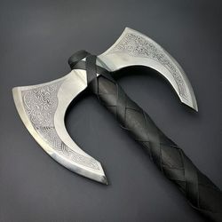 handmade viking axe odin's double head viking axe hand forged axe carbon steel twin-blade battle axe engraving blade axe