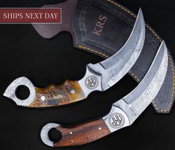 custom karambit damascus hunting knife, hand forged damascus bowie knife, damascus steel hunting karambit, custom gift f