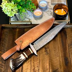 the ultimate big bowie knife for sale - 15-inch damascus steel blade, bone, rosewood, stag horn, steel guard handle