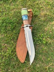 custom handmade d2 tool steel hunting bowie knife with leather sheath