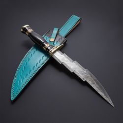 custom handmade 216 layers damascus steel fancy zigzag hunting knife with leather sheath