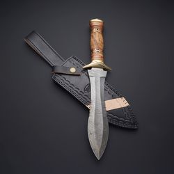 custom handmade damascus hunting fish dagger knife with leather sheath