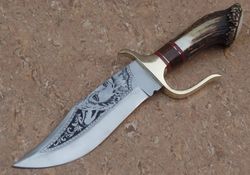 custom handmade d2 tool steel hunting bowie knife with antler stag horn handle and leather sheath