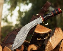 handmade damascus kukri knife, leather hanging sheath cover, survival knife, hunting knife, damascus handmade knife