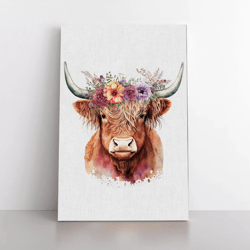 highland cow with flowers wall art, canvas or poster, scottish highland cow art, cow and flower art