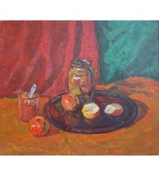 vintage painting original oil painting paper on board by soviet ukrainian artist v.gaiduk, still life with apples