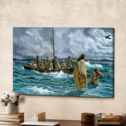 christ walking on the sea canvas wall art jesus christ poster - god jesus horizontal canvas prints - christ pictures