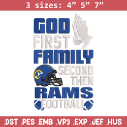 god first family second then los angeles rams embroidery design, rams embroidery, nfl embroidery, sport embroidery.