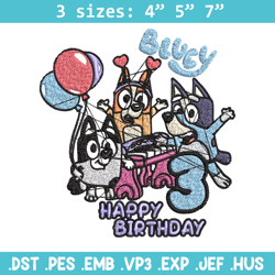 happy birthday 3 bluey embroidery, bluey embroidery, embroidery file, cartoon shirt, cartoon design, digital download.