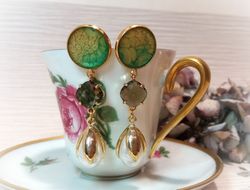 handmade long dangle white pearl gold plated stud statement earrings, bridal jewelry, wedding jewelry