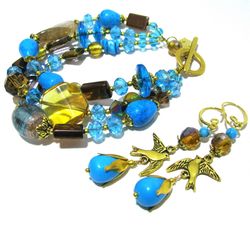 handmade colorful layered bracelet and long earrings set with lovely bird charms