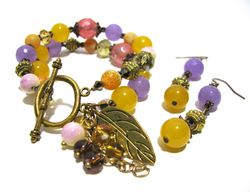 multi gemstone jewelry set of layered bracelet and earrings, handmade gemstone jewelry
