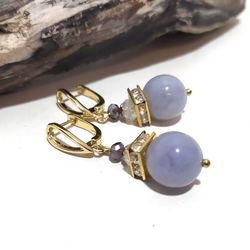 handmade sapphire beads and crystal earrings, french hooks, elegant, feminine earrings