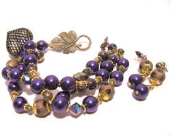 handmade vintage style bracelet and earrings purple color with big hollow brass heart charm