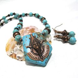 turquoise pharaoh pendant necklace and earrings set in ancient style