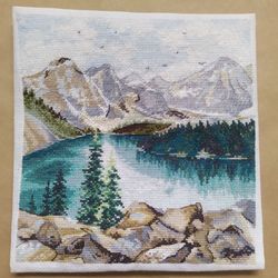 handmade moraine lake painting, canadian landscape wall art, for home decor, finished cross stitch