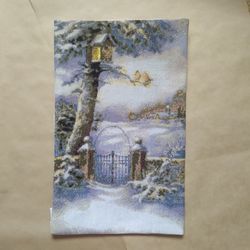 handmade winter painting, nature landscape wall art, for wall decor, finished cross stitch