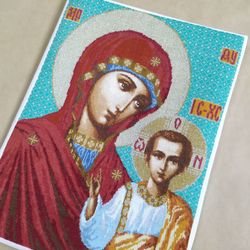 theotokos, icon of mother god, hand cross stitched, kazan icon, orthodox gifts, blessed mother