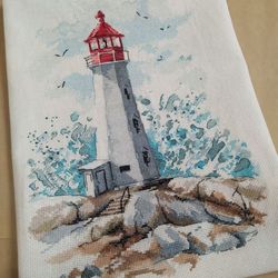 handmade lighthouse and wave painting, coastal wall art, for home decor, finished cross stitch