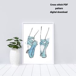 blue pointe shoes cross stitch pdf pattern, watercolor embroidery design, instant download, diy and craft