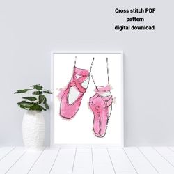 pink pointe shoes cross stitch pdf pattern, watercolor embroidery design, instant download, diy and craft