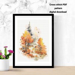 watercolor autumn forest cross stitch pdf pattern, fall nature embroidery design, instant download, diy and craft