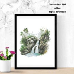 forest waterfalls cross stitch pdf pattern, watercolor forest waterfall embroidery design, instant download