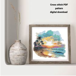 tropical beach cross stitch pdf pattern, watercolor landscape embroidery design, instant download