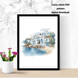 greece seaside cross stitch pdf pattern, watercolor landscape embroidery design, instant download