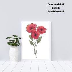 bouquet of poppies cross stitch pdf pattern, flowers embroidery design, instant download