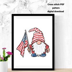 patriotic gnome cross stitch pattern, flag usa embroidery design, independence day, digital download