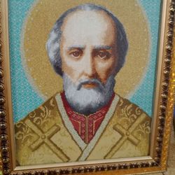 saint nicholas icon, hand cross stitched, orthodox gifts, christian icon, byzantine icon