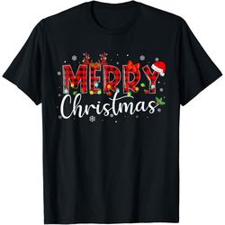 merry christmas buffalo plaid red santa hat xmas pajamas t-shirt