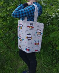 strong reusable tote bag, eco friendly, cotton canvas soft bag with an owl.