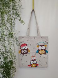 strong reusable tote bag, eco friendly, cotton canvas soft bag with an owl.