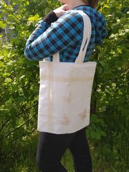 strong reusable white tote bag, cotton canvas bag with butterflies