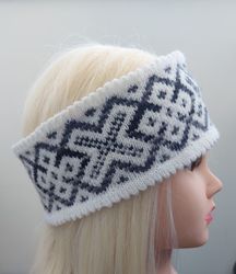 women's knitted headband gray with jacquard pattern, a hot water bottle for the head