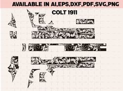 colt 1911 flora  scroll design, colt 1911 vector file for engraving, colt 1911 engraving design